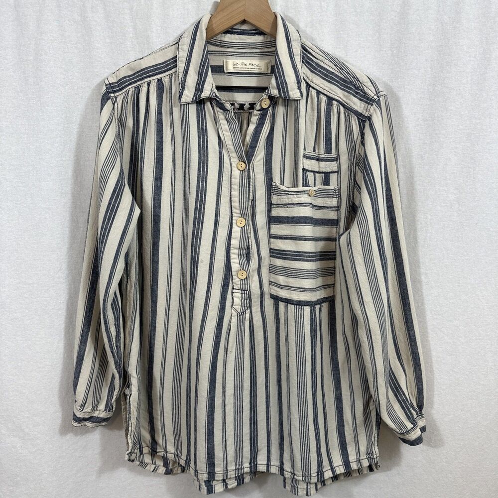 We The Free People Summer Breeze Striped Button Down Ivory Linen Blend Top Sz M